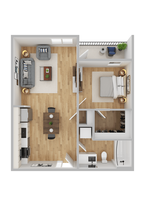 Floor plan for 1 bed, 1 bath, 640 sqft